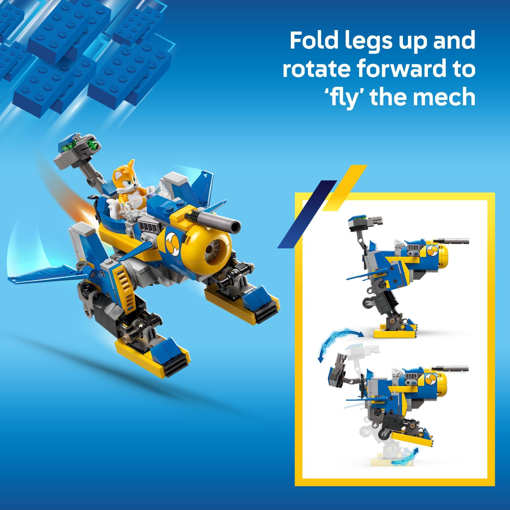 LEGO Cyclone mech en modo volador tras plegar patas, juego creativo