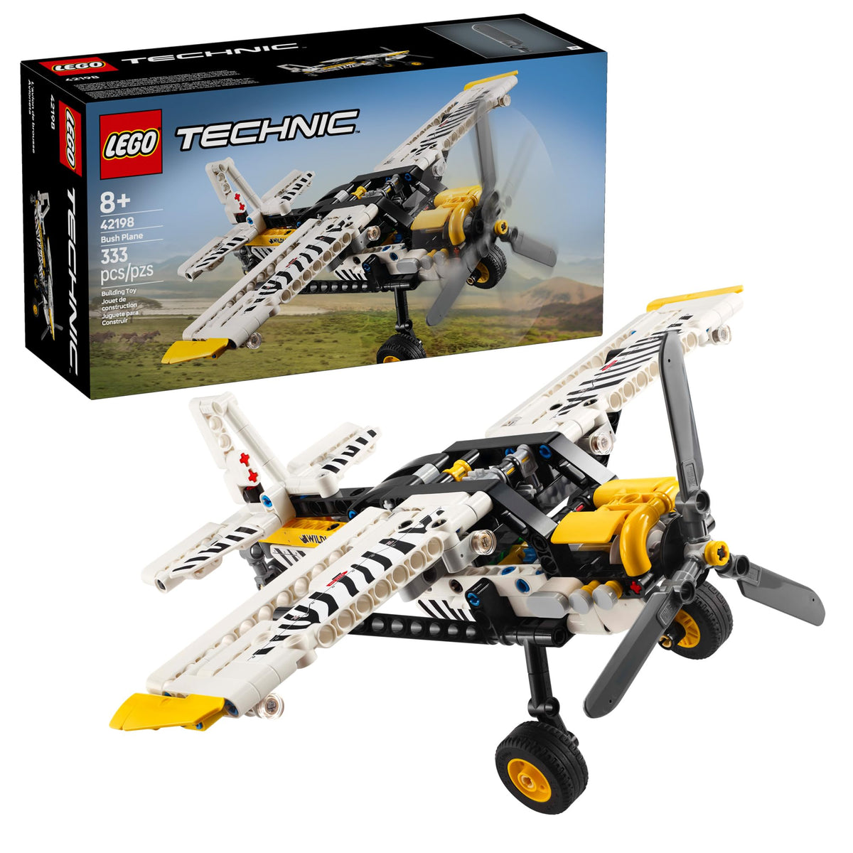 LEGO Technic vista frontal del avión con hélice giratoria, perfecta para juego dinámico