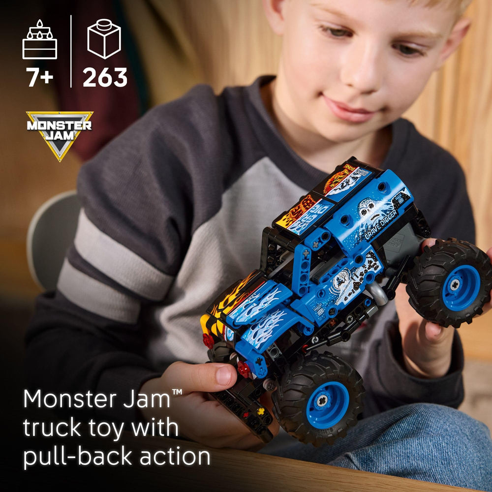 LEGO Grave Digger detalle gráfico lateral con llamas y diseño helado llamativo