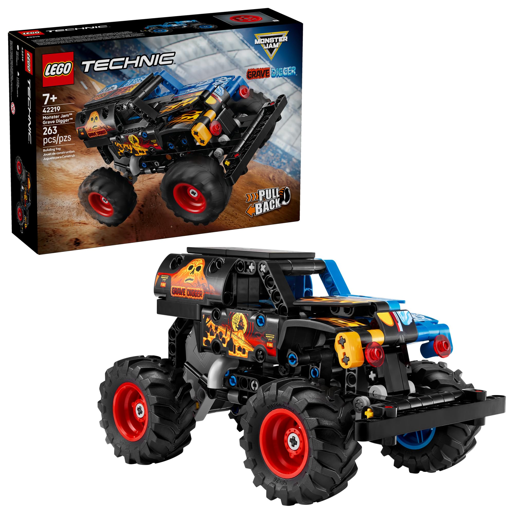 LEGO Grave Digger vista frontal mostrando diseño fire and ice y diversión