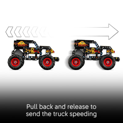 LEGO Grave Digger mostrando mecanismo pull-back activo para carreras rápidas