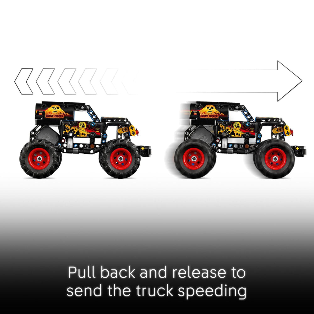 LEGO Grave Digger mostrando mecanismo pull-back activo para carreras rápidas