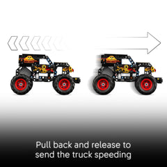 LEGO Grave Digger mostrando mecanismo pull-back activo para carreras rápidas