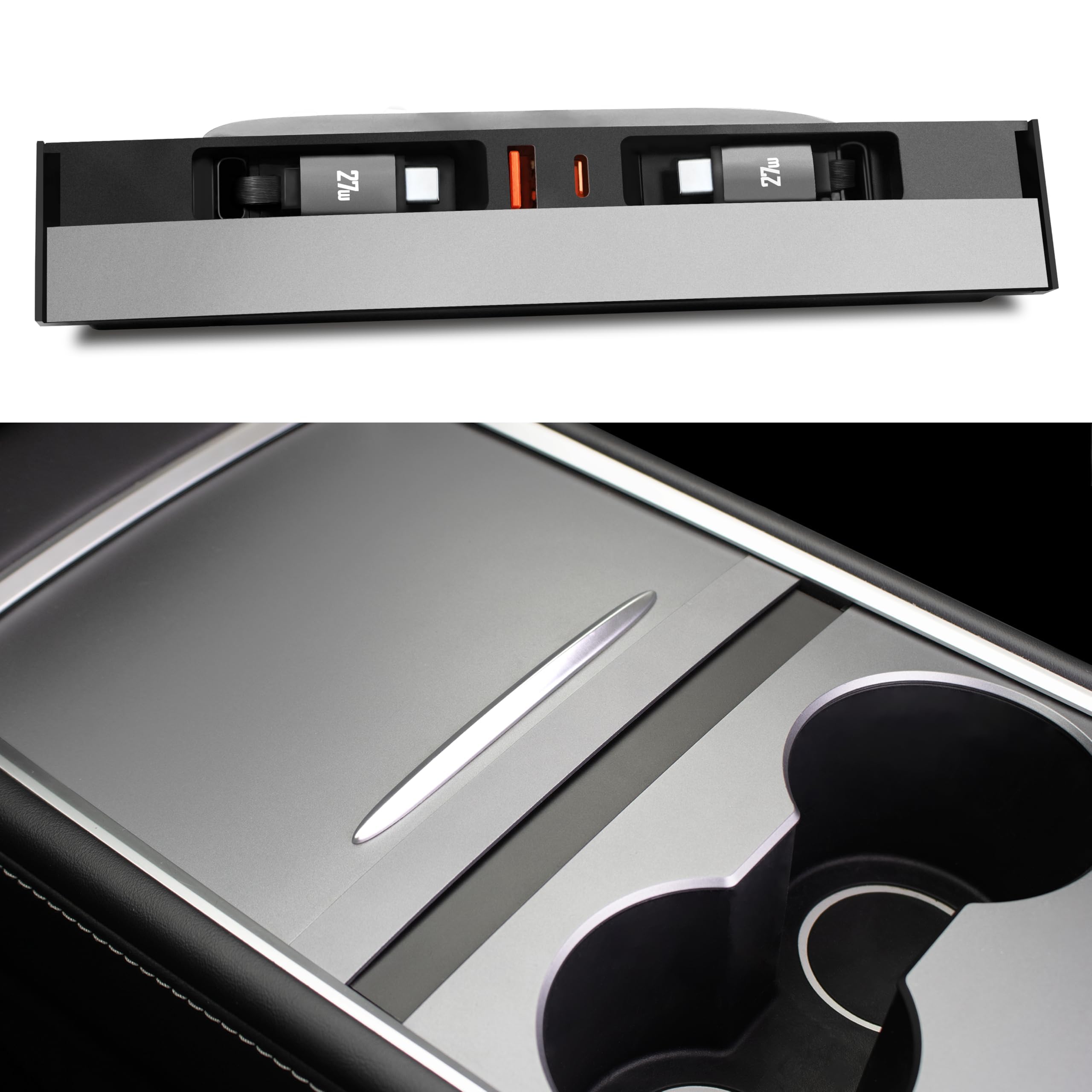 Leikaendi USB hub front installed in Tesla console for cleaner charging