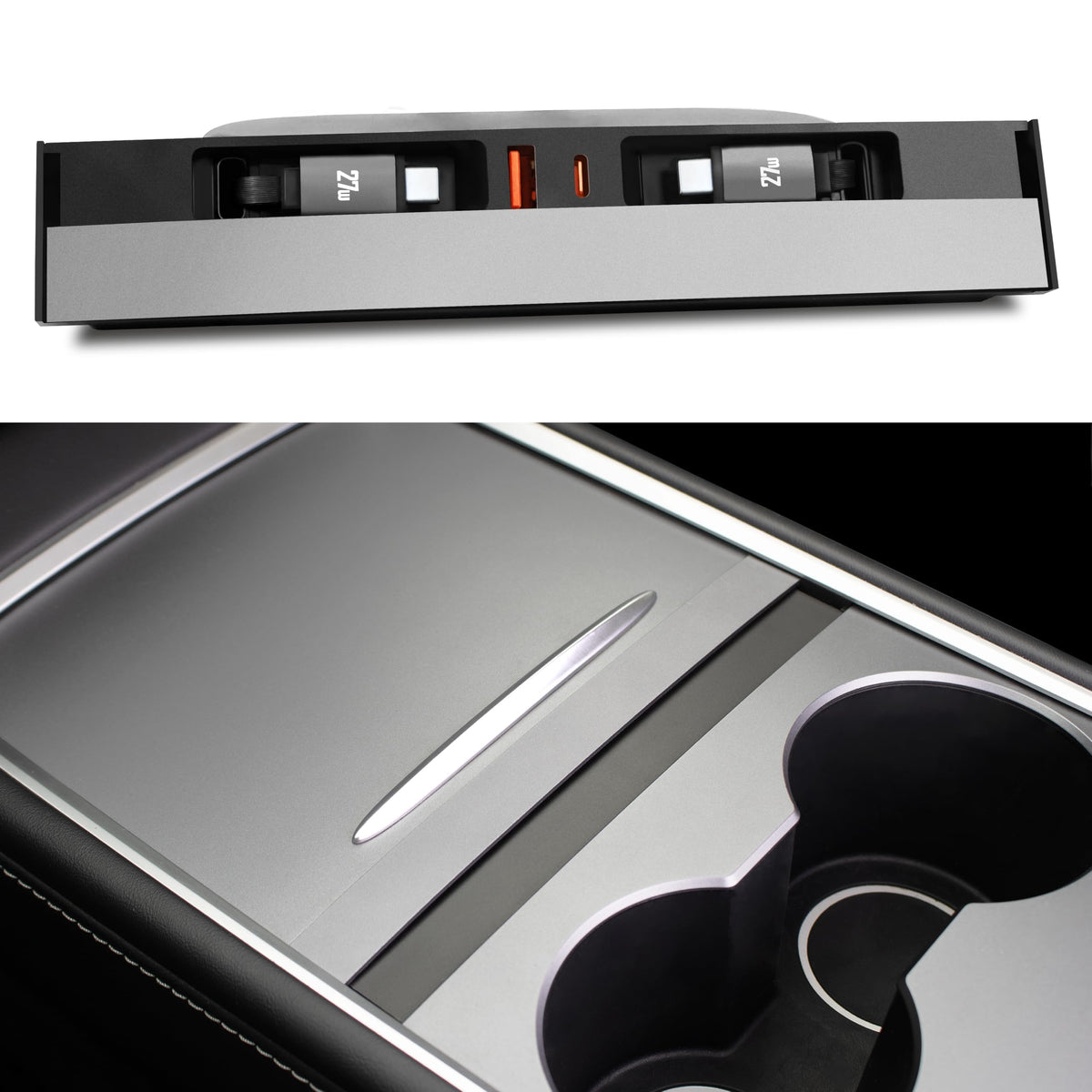 Leikaendi USB hub front installed in Tesla console for cleaner charging