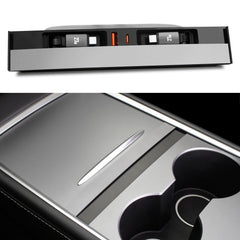 Leikaendi USB hub front installed in Tesla console for cleaner charging