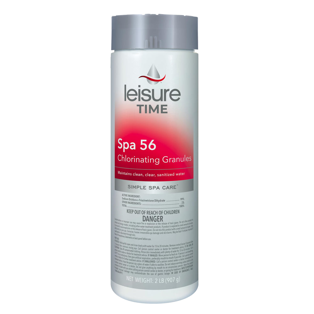 LEISURE TIME envase frontal Spa 56 de 2 lb mostrando la marca y densidad ideal