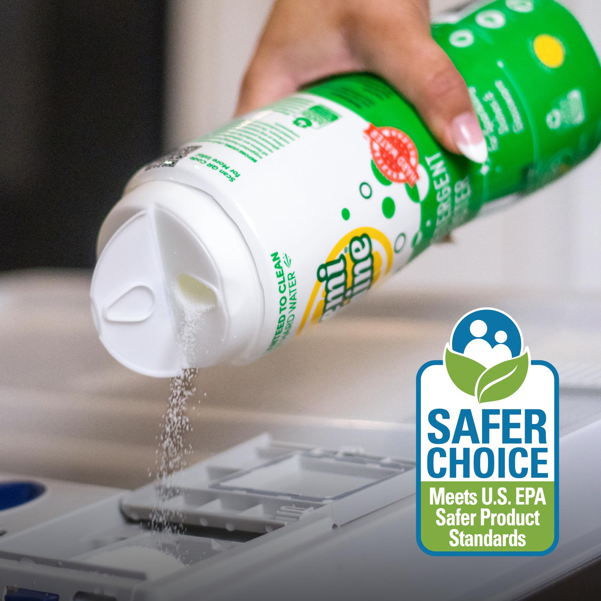 Lemi Shine bottle next to open dishwasher during loading for improved results