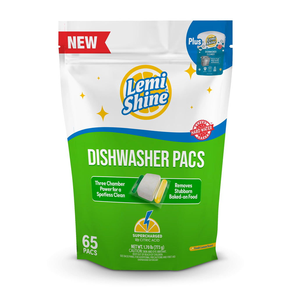 Lemi Shine frente del envase mostrando 65 pacs y etiqueta eco amigable