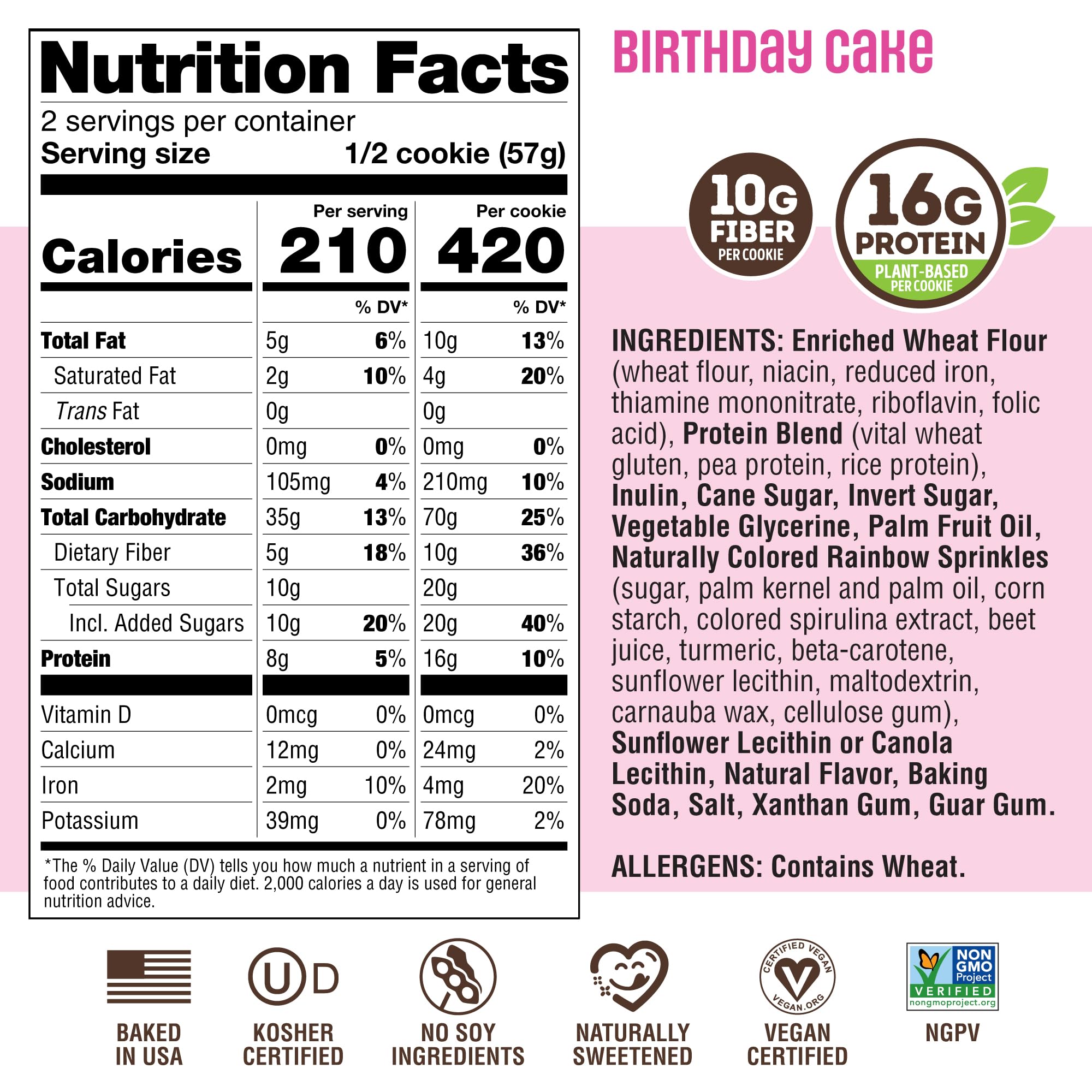 Lenny & Larry's nutrition label emphasizing 16g protein and ingredients