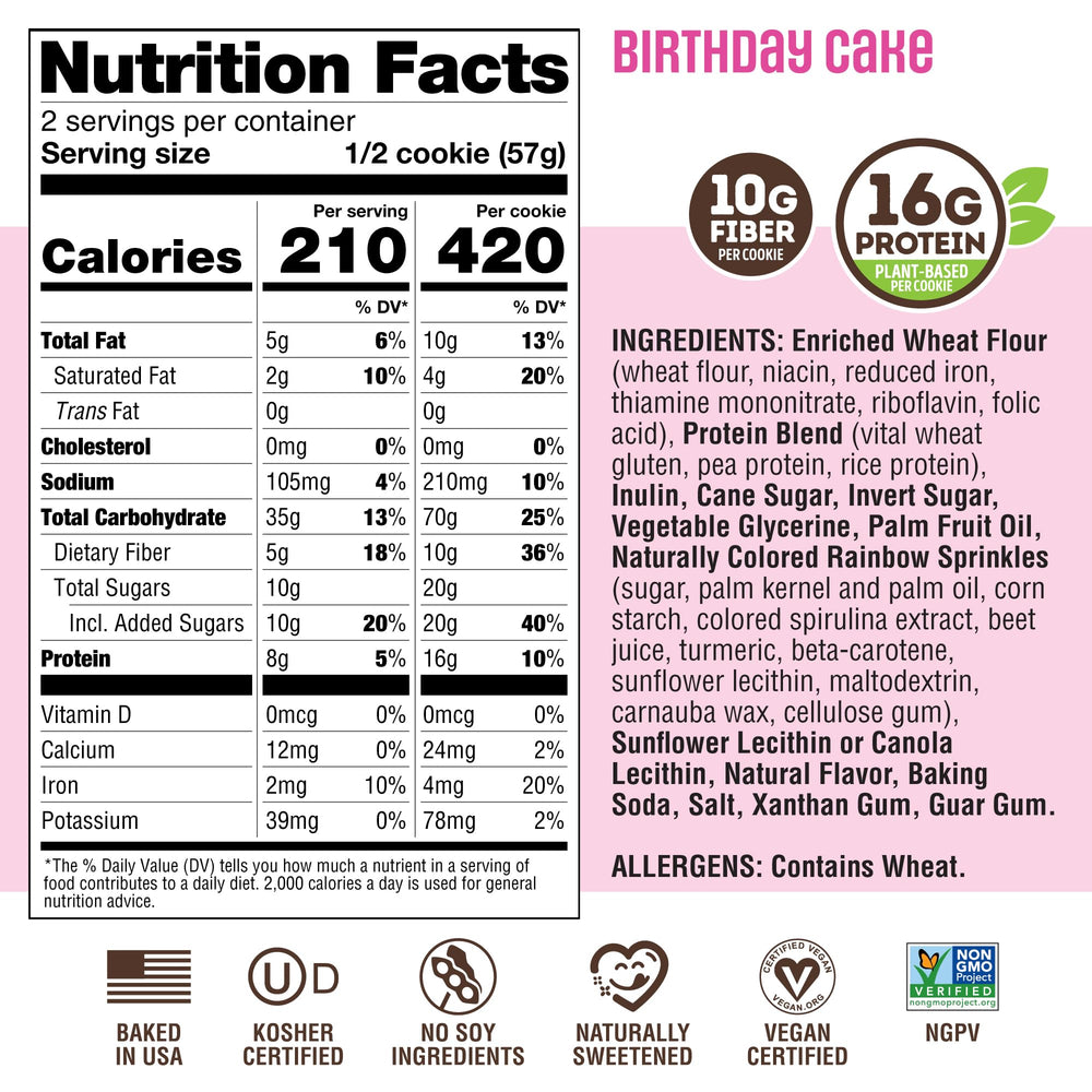 Lenny & Larry's nutrition label emphasizing 16g protein and ingredients
