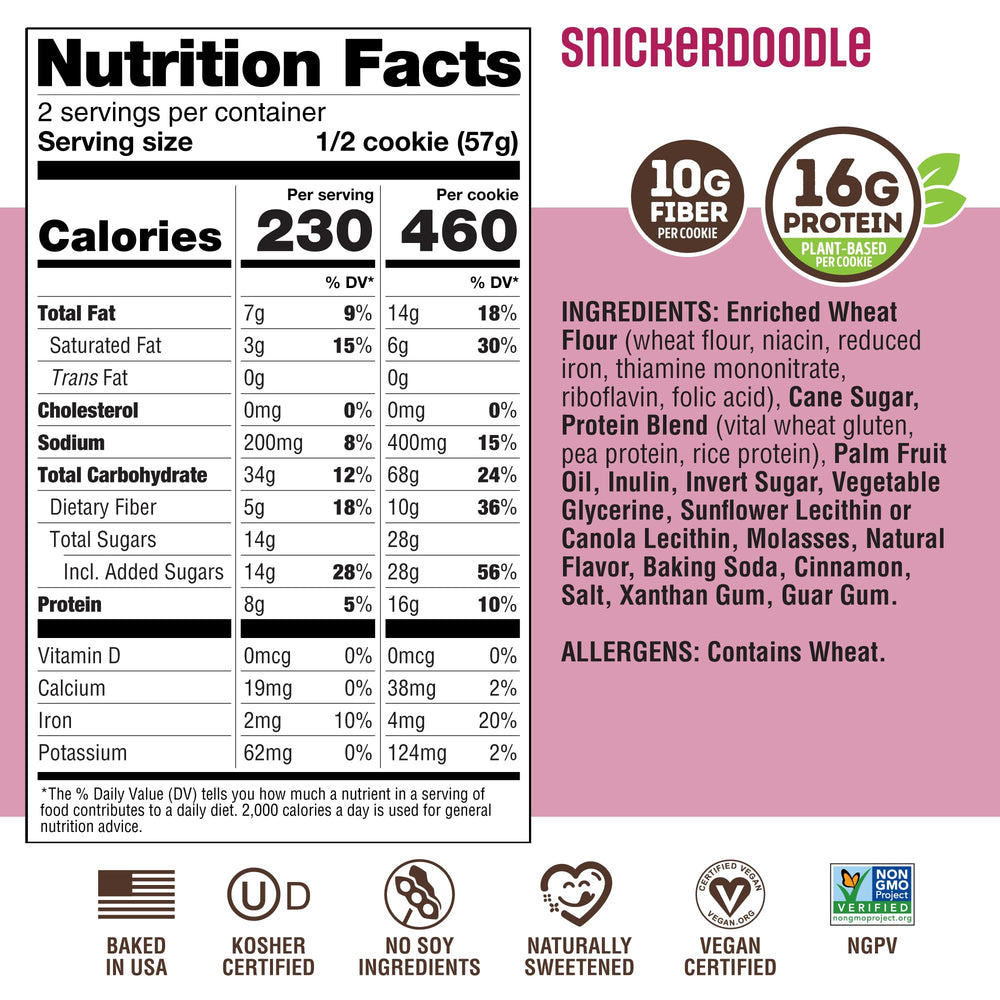Lenny & Larry's etiqueta nutricional mostrando proteína y fibra por porción
