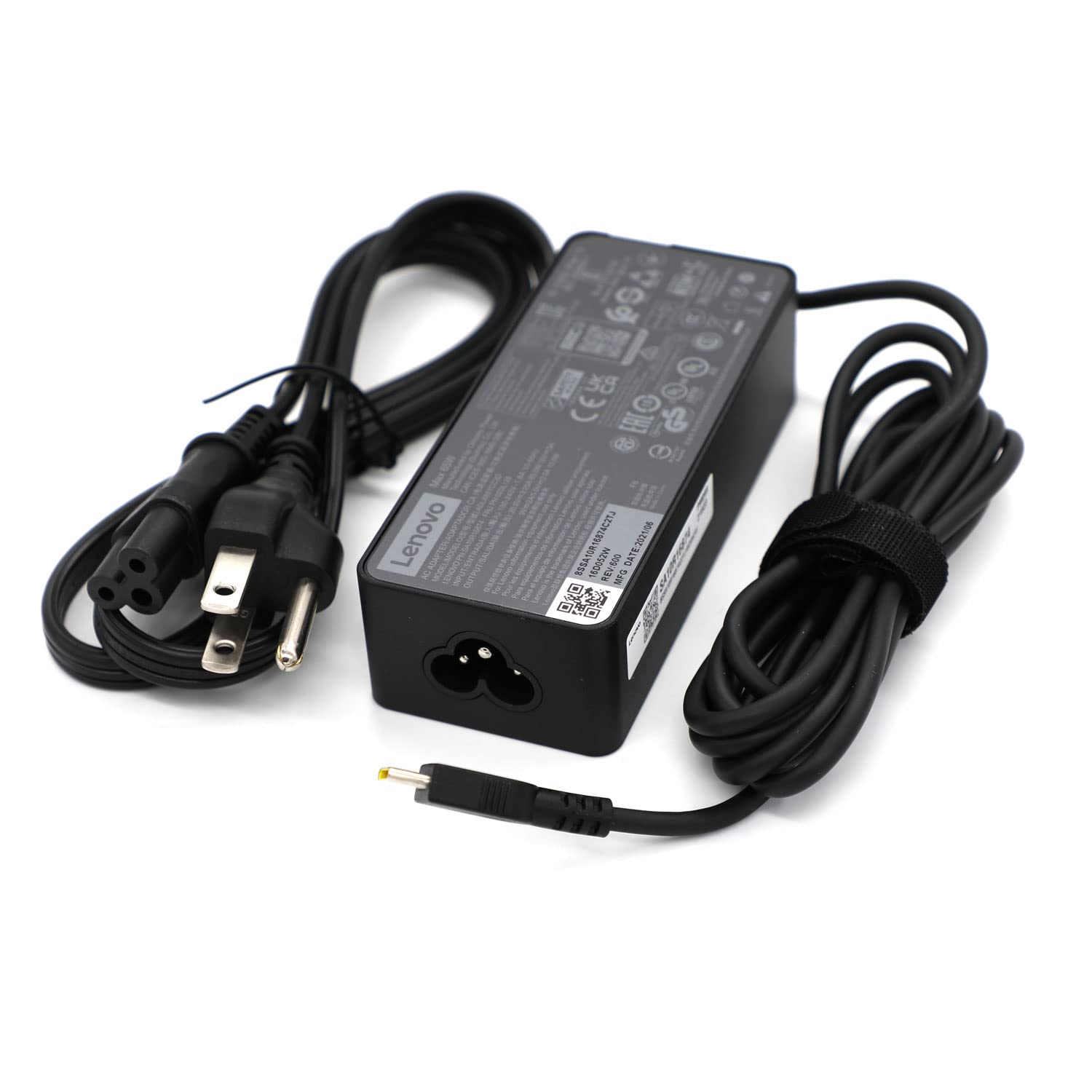 Lenovo cargador frontal 65W USB-C mostrando diseño compacto y puerto único