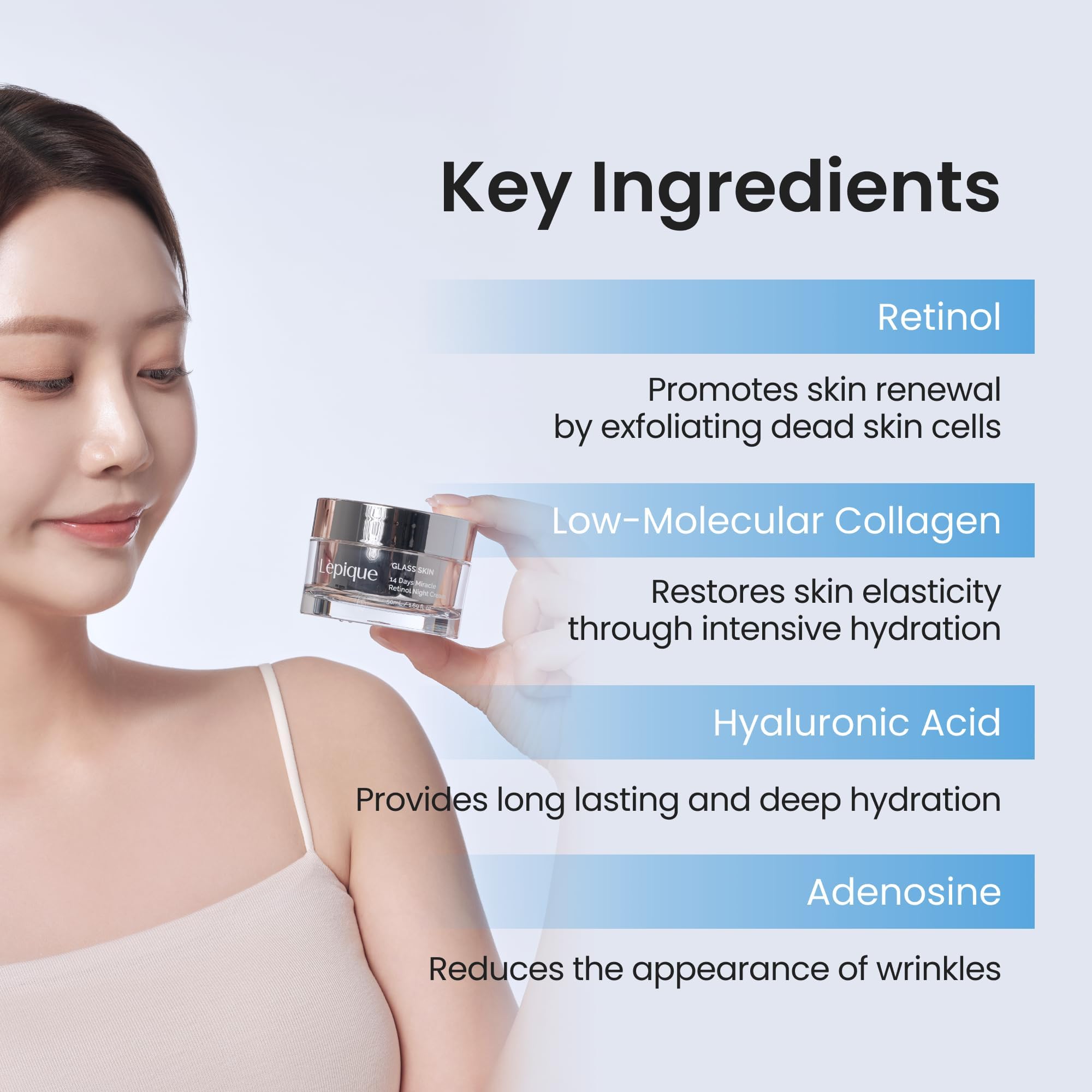 Lepique ingredientes activos macro resaltando retinol y centella