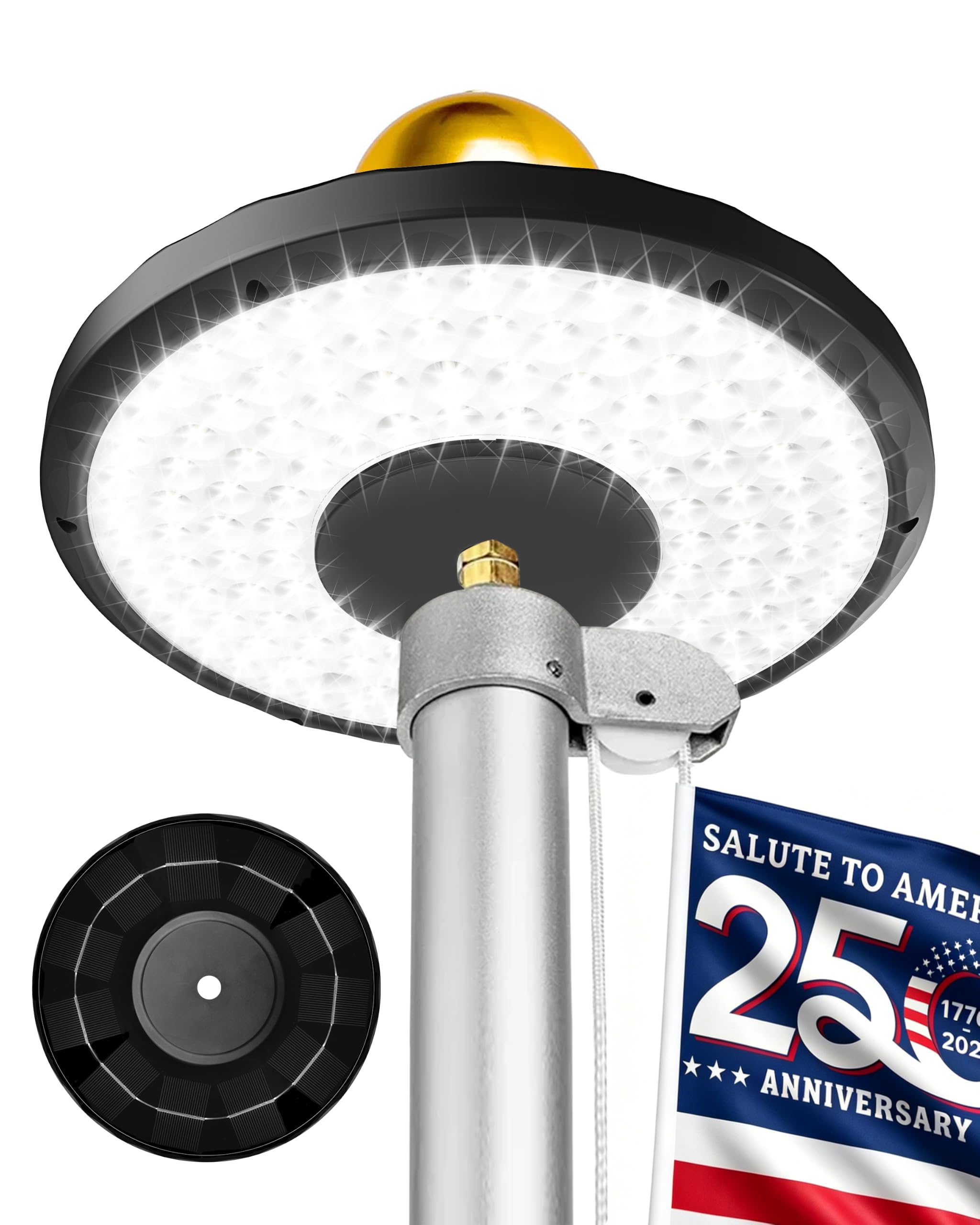Lepwings front view of solar flagpole light showing full LED face and wide coverage
