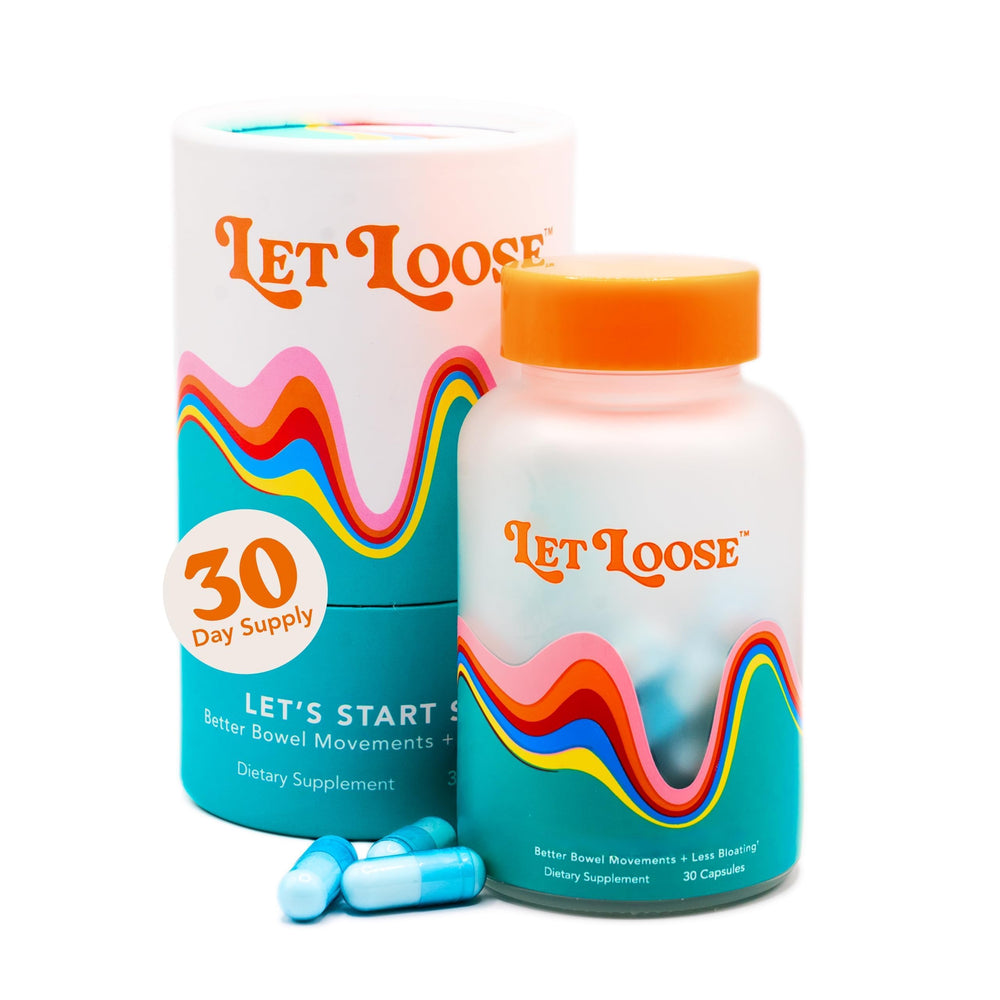 Let Loose frente del empaque mostrando 30 cápsulas y beneficio de alivio diario