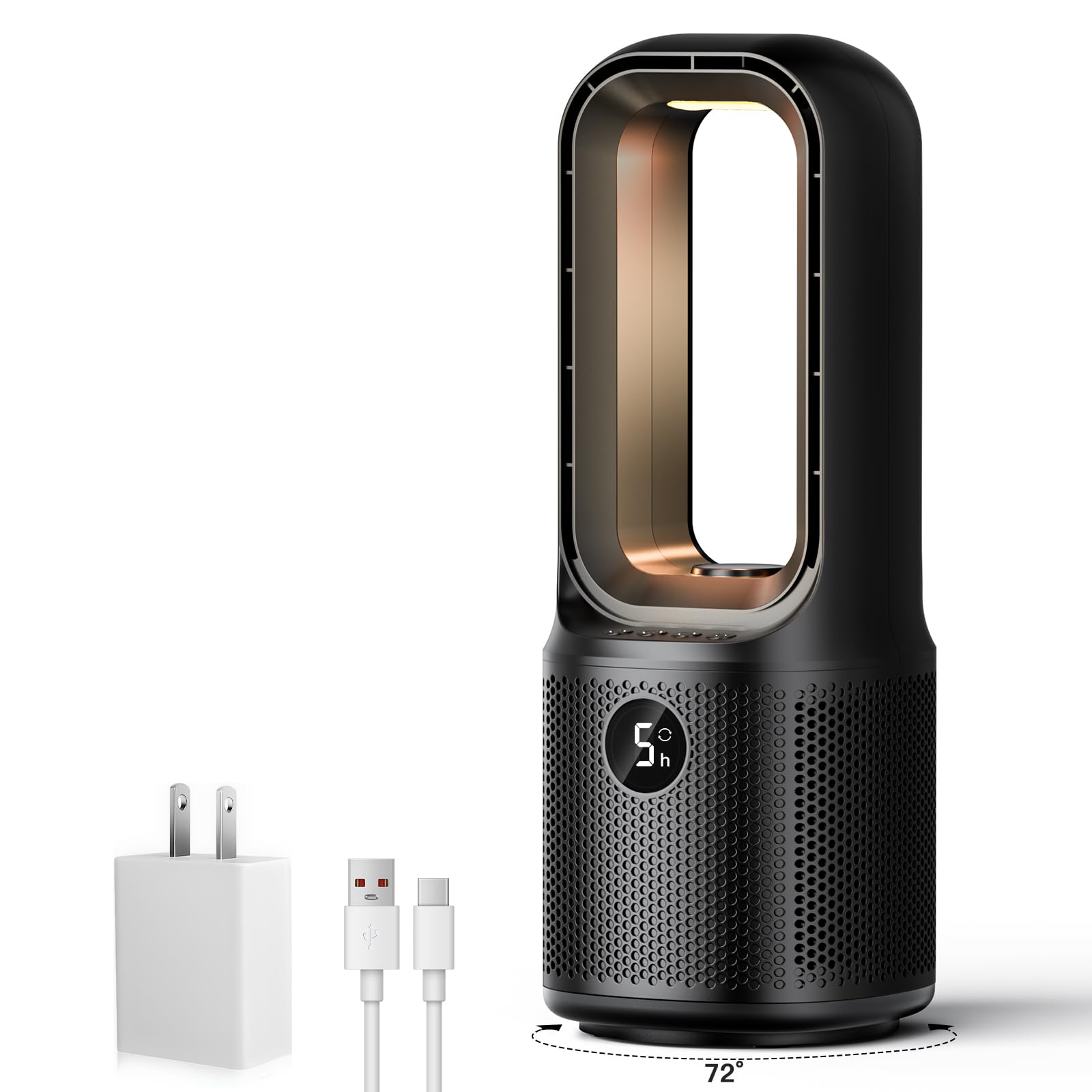 let'me vista frontal del ventilador, diseño compacto y seguro para mesas