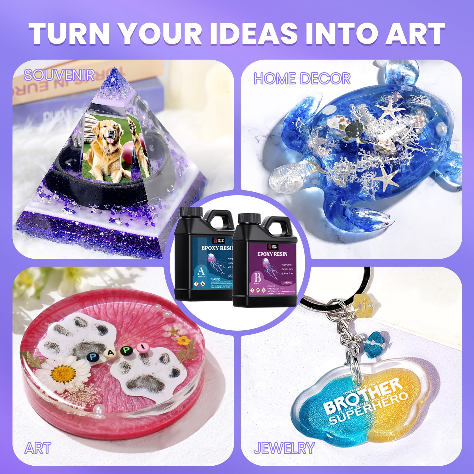 LET'S RESIN taller ambientado mostrando kit en uso y resultados decorativos