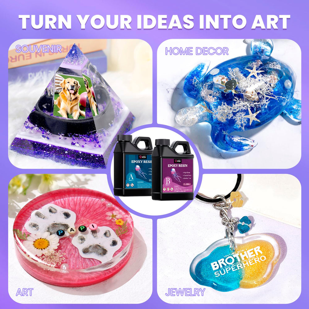 LET'S RESIN taller ambientado mostrando kit en uso y resultados decorativos