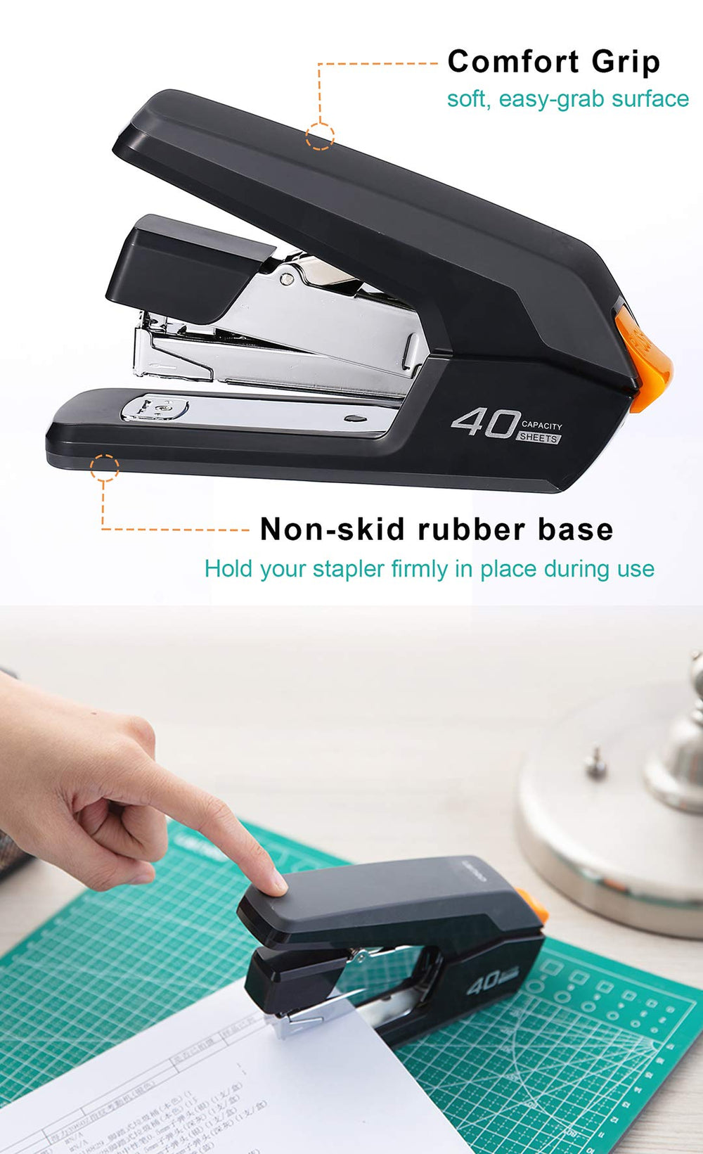 Leven stapler in use with one finger demonstrating easy operation