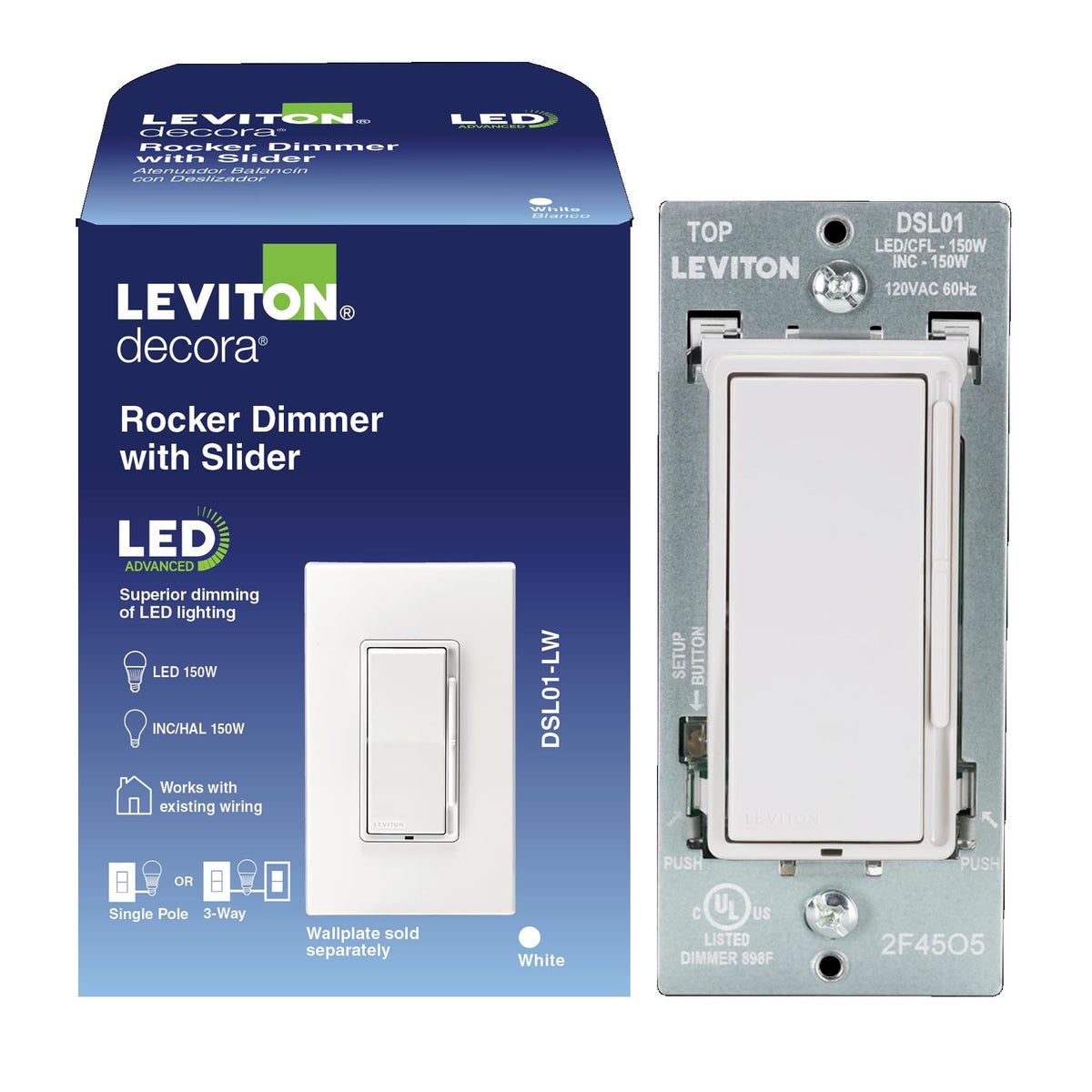 Leviton Decora Slide vista frontal blanco con diseño moderno y control preciso