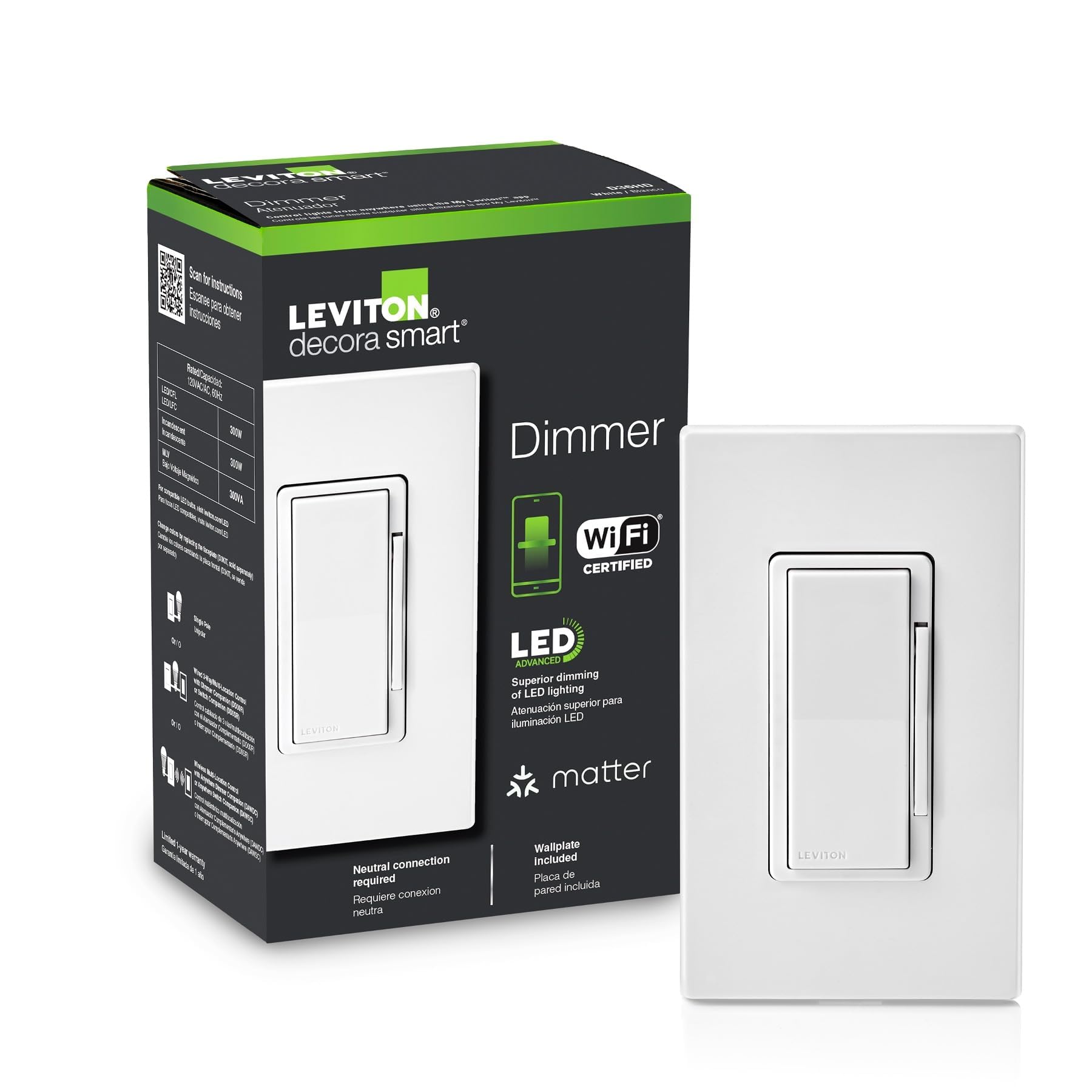 Leviton Decora Smart vista frontal en blanco, diseño limpio y control fácil