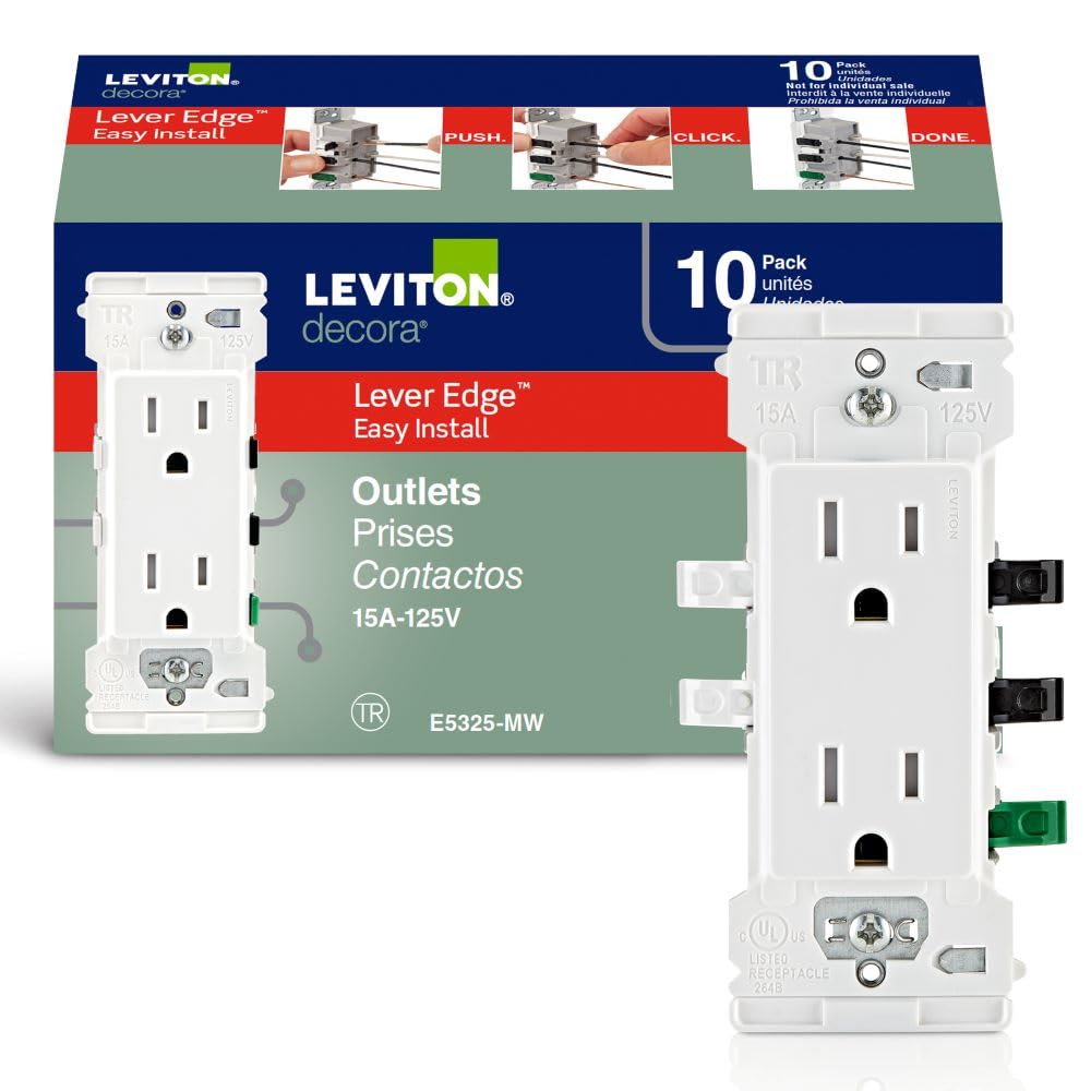 Leviton toma frontal en empaque blanco mostrando acabado Decora y confianza