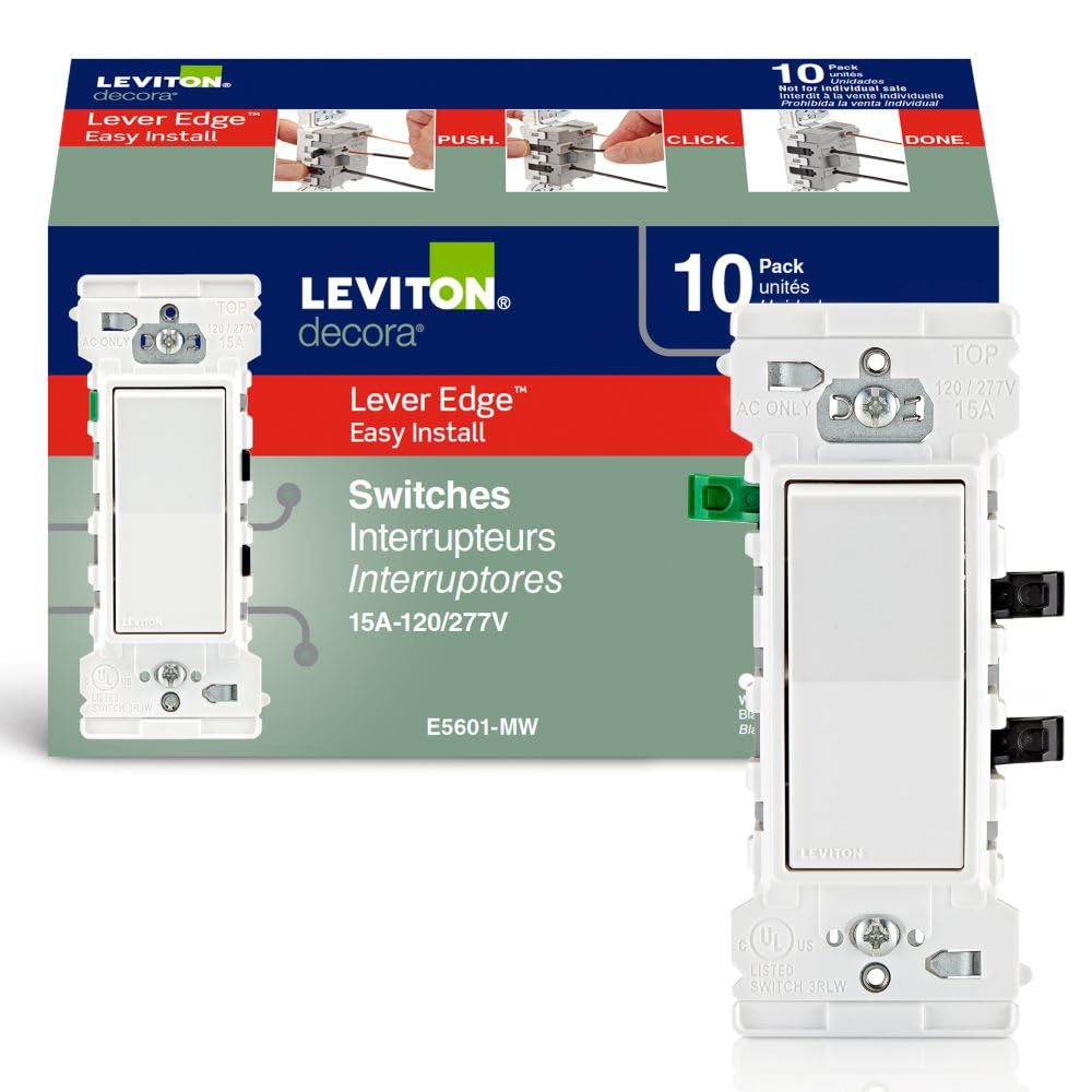 Leviton frontal del paquete de 10 mostrando diseño Decora y acabado blanco, práctico