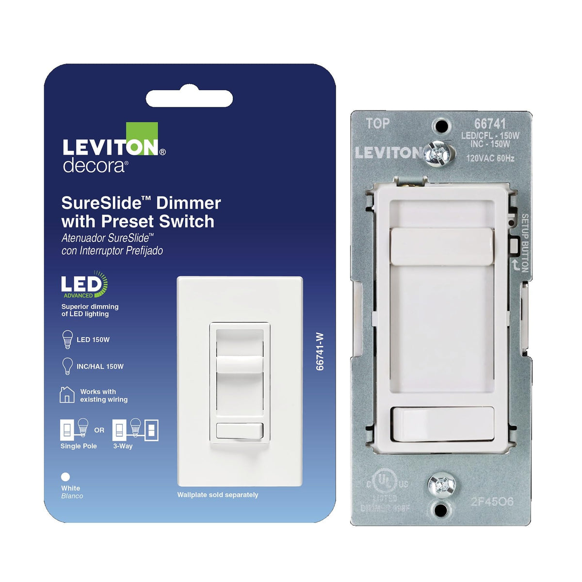 Leviton SureSlide vista frontal con acabado blanco y control elegante