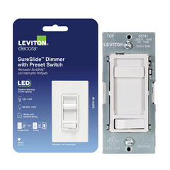 Leviton SureSlide vista frontal con acabado blanco y control elegante
