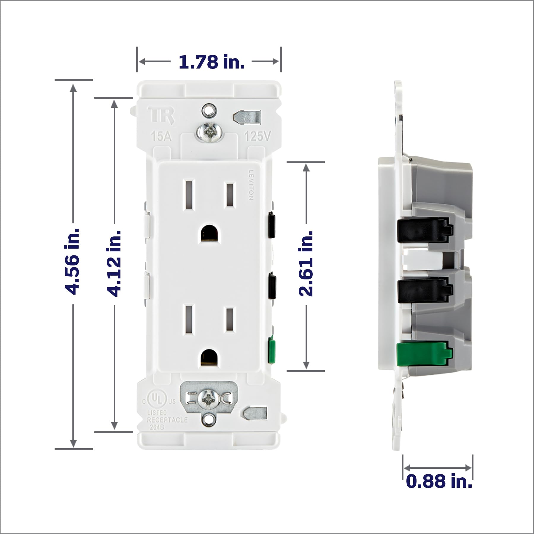 Leviton primer plano del acabado blanco que mejora estética y limpieza
