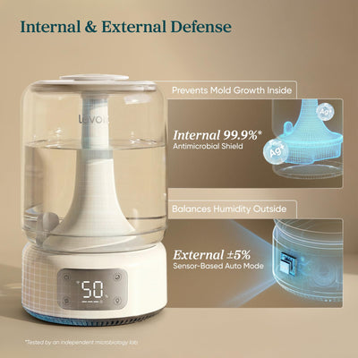 Levoit mist from 360° nozzle demonstrating even room coverage benefit