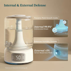 Levoit mist from 360° nozzle demonstrating even room coverage benefit
