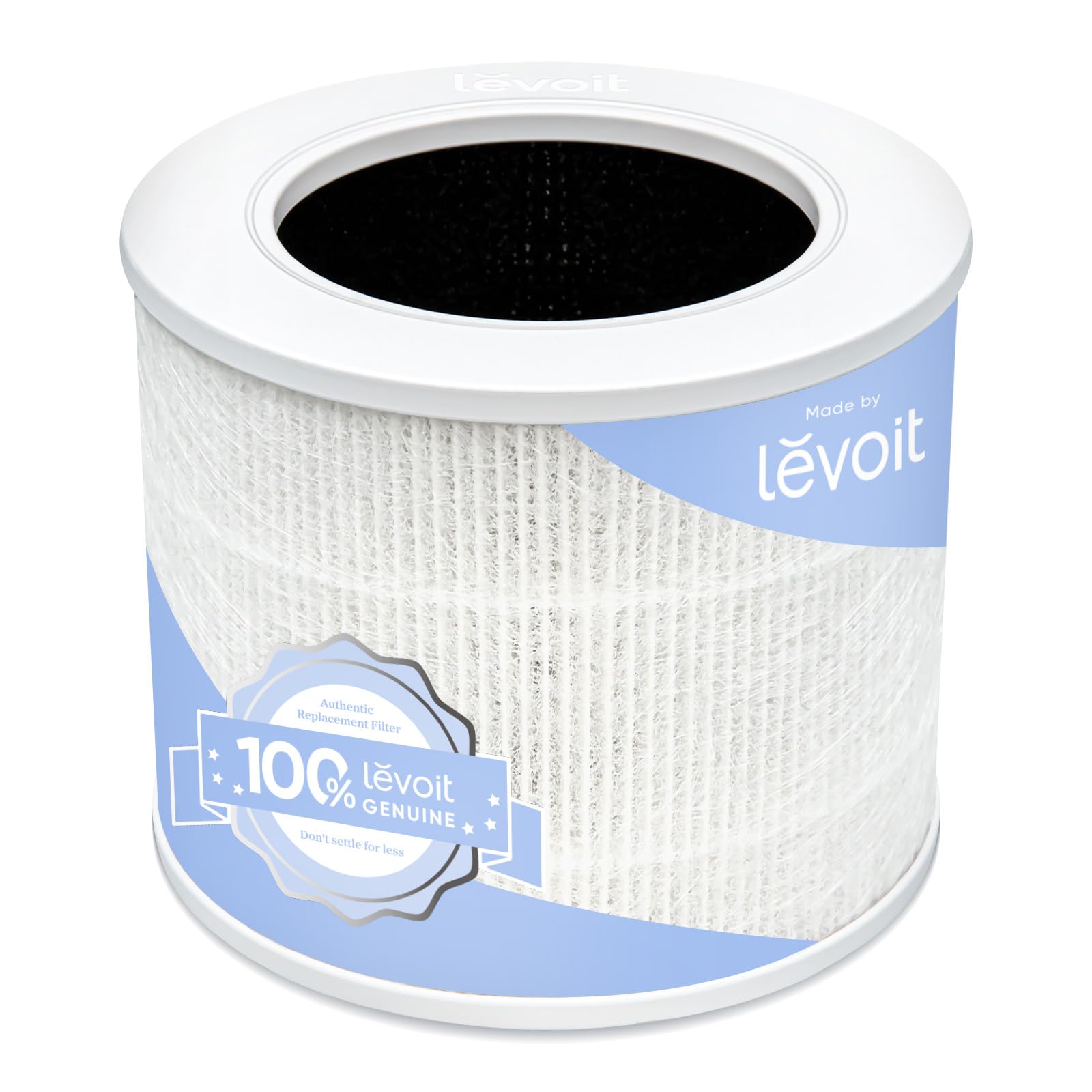 Levoit filtro Core Mini-P frontal con caja mostrando compatibilidad y beneficio de rendimiento