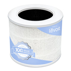 Levoit filtro Core Mini-P frontal con caja mostrando compatibilidad y beneficio de rendimiento