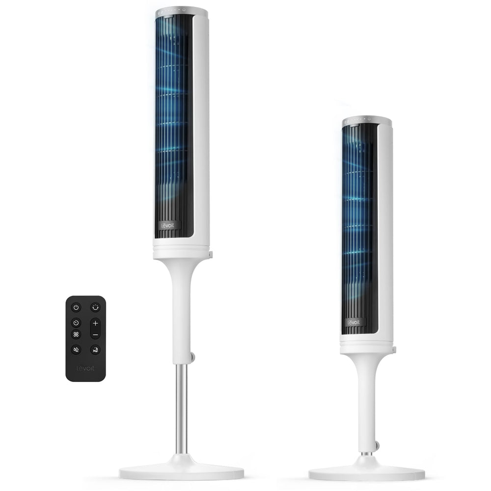 Levoit front view showing slim tower and stable base for space-saving cooling
