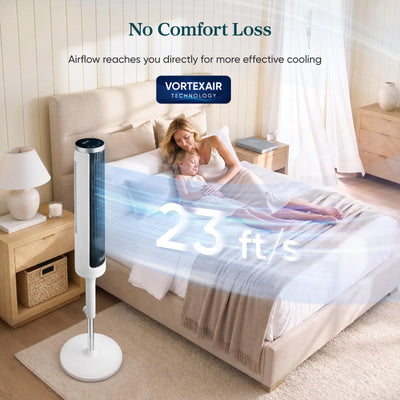 Levoit oscillating tower fan mid-swing for wider room airflow distribution