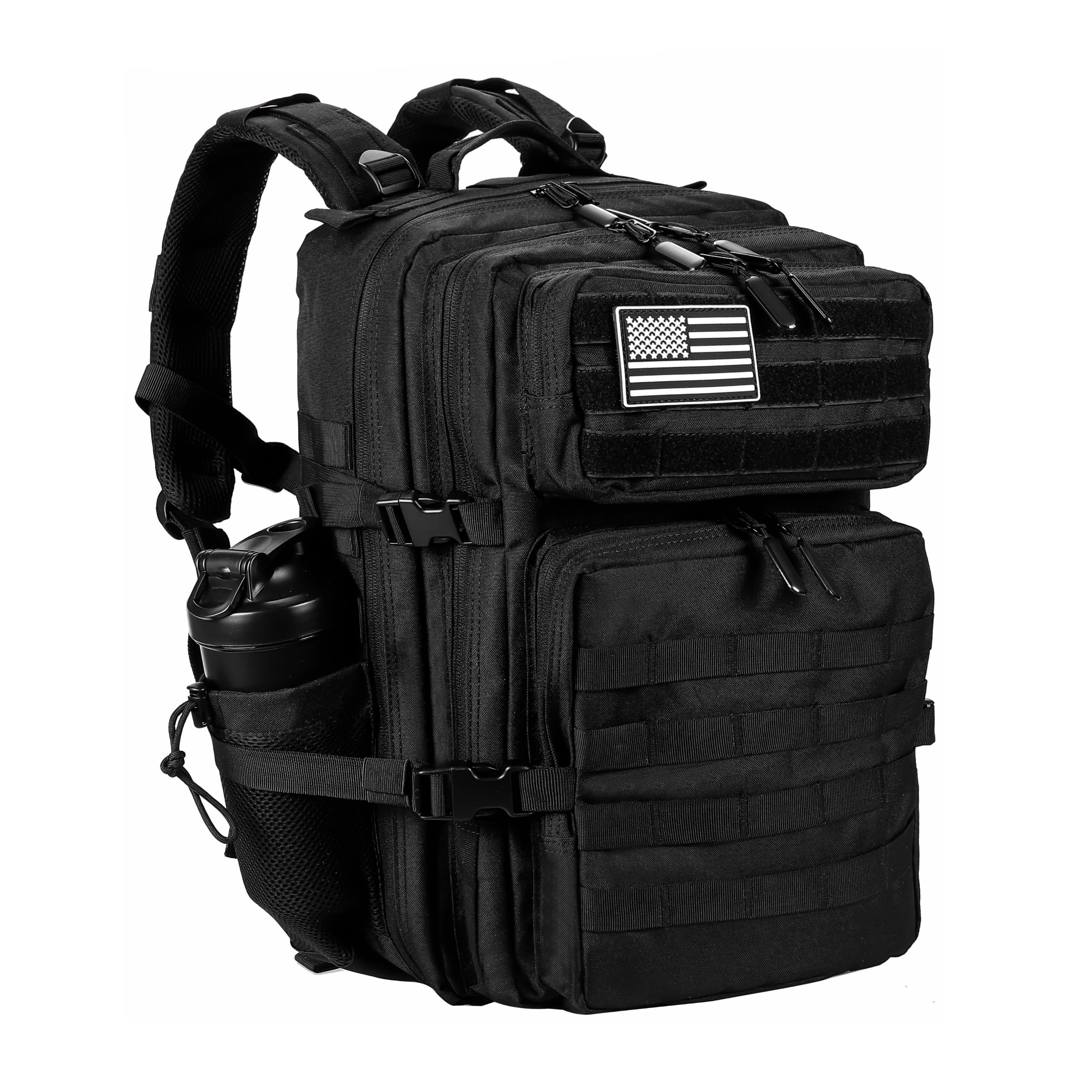 LHI mochila táctica frontal mostrando compartimentos y diseño resistente