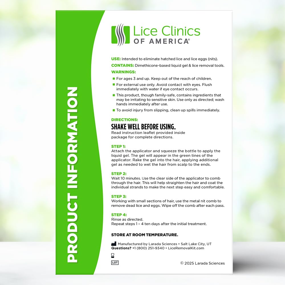Lice Clinics of America etiqueta con instrucciones claras para uso seguro y sencillo