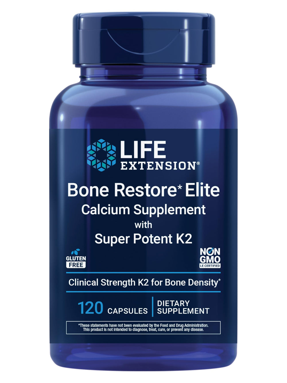 Life Extension bottle front view showing Bone Restore Elite label and benefits