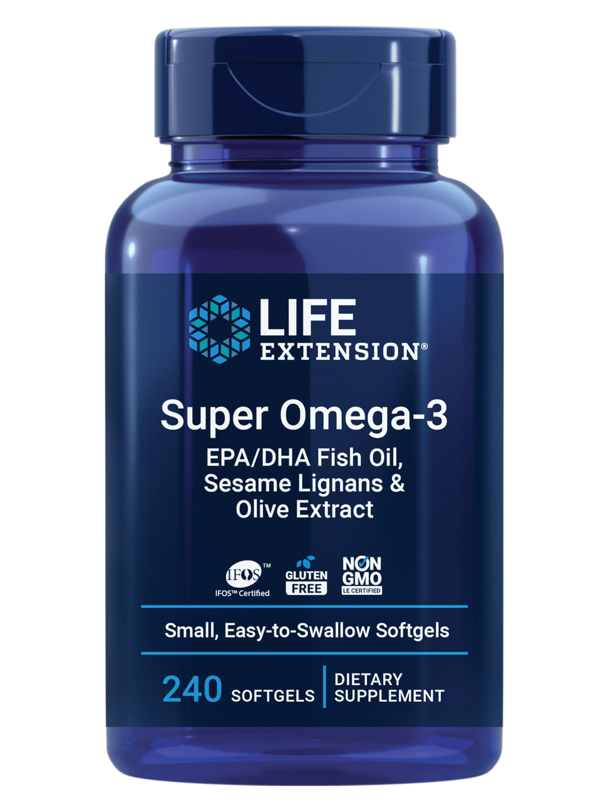 Life Extension frasco frontal mostrando 240 softgels y etiqueta clara