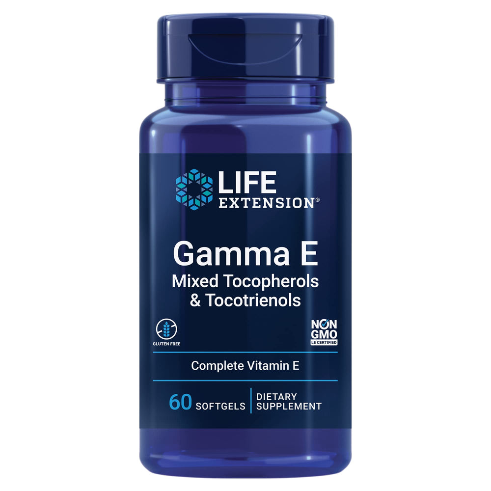 Life Extension front bottle view showing full-spectrum vitamin E benefits