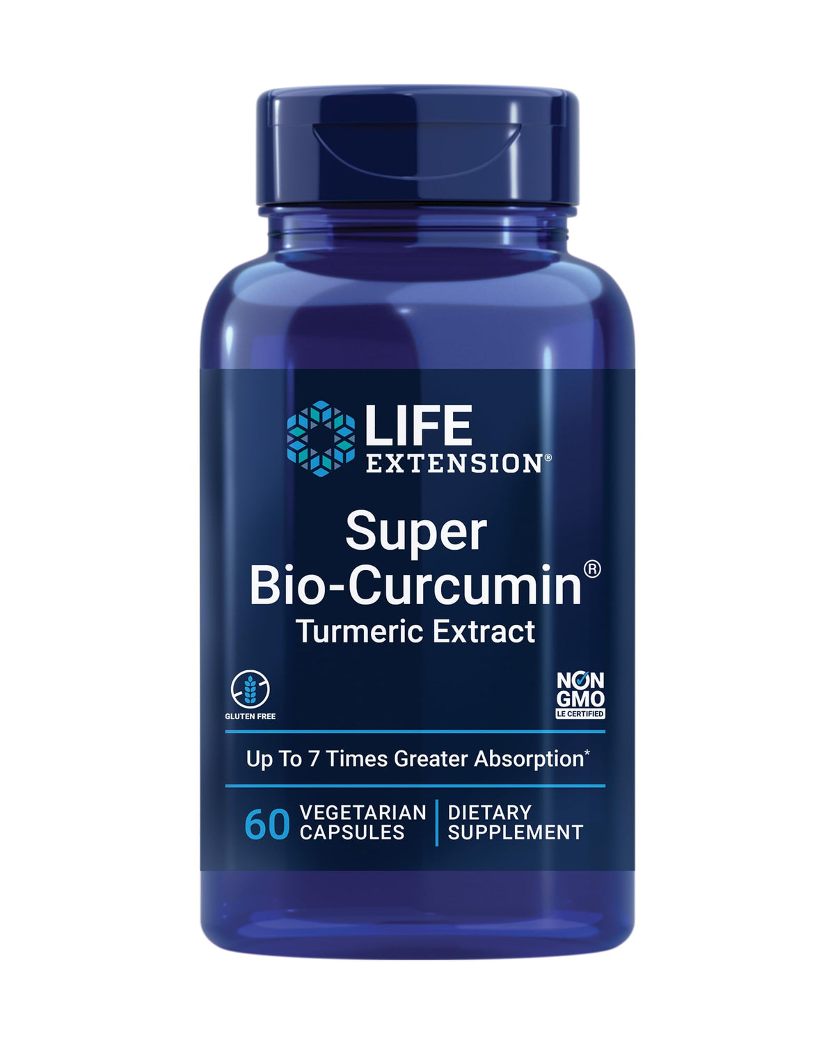 Life Extension frasco frontal del suplemento Super Bio-Curcumin mostrando etiqueta clara y beneficios