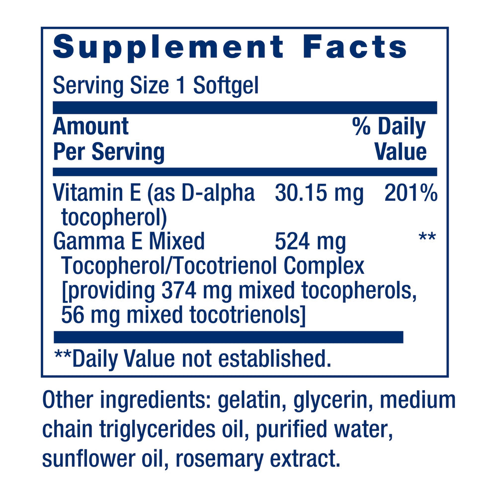 Life Extension supplement facts label close-up showing tocopherols and tocotrienols