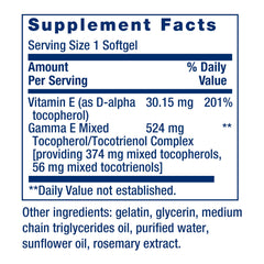 Life Extension supplement facts label close-up showing tocopherols and tocotrienols