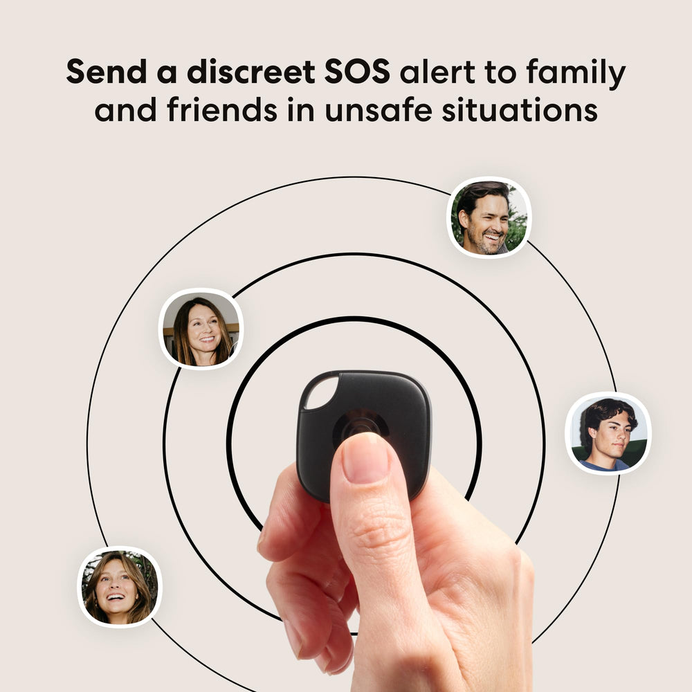 Life360 Tile button close-up showing tactile ring control benefit