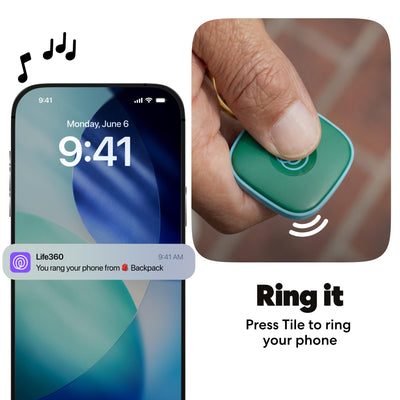 Life360 Tile inside backpack illustrating item tracking and travel convenience