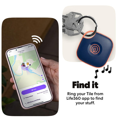 Life360 Tile on keyring demonstrating secure attachment and fast locating