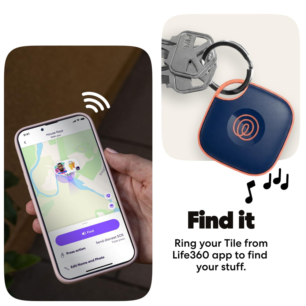 Life360 Tile on keyring demonstrating secure attachment and fast locating