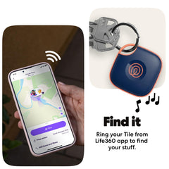 Life360 Tile on keyring demonstrating secure attachment and fast locating